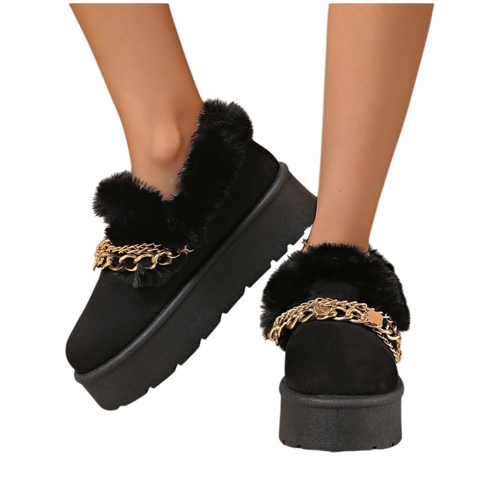 Fuzzy Black Platform Loafers Gold Chain Accent Chunky Heel Slip On Shoes‎ 8